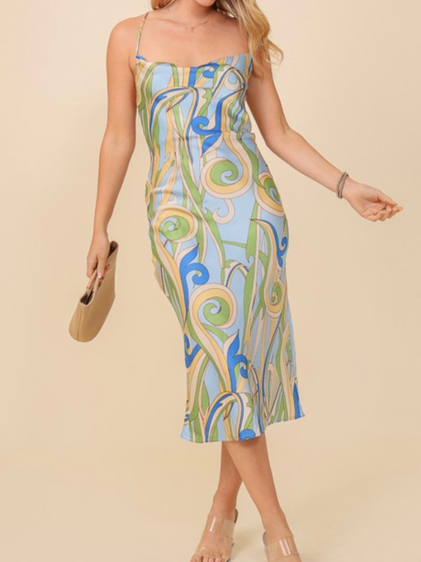 I'm The One Blue/Green Satin Midi Dress